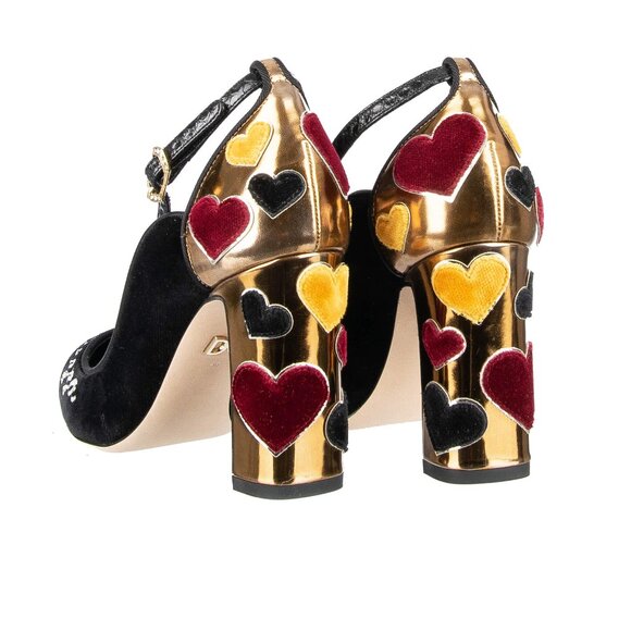 Dolce & Gabbana - Velvet Ankle Strap Hearts Pumps VALLY L'Amore Black Gold EUR 3 - Picture 3 of 5